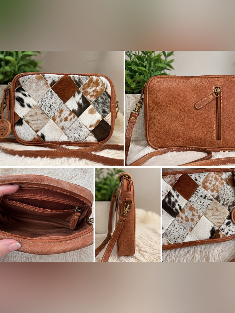 NWOT Myra Bag Cowhide Patchwork Leather Crossbody Bag Brown Western